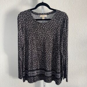 Michael Kors Leopard Print Long Sleeve Logo Hem Top Size L Casual Luxury Layer